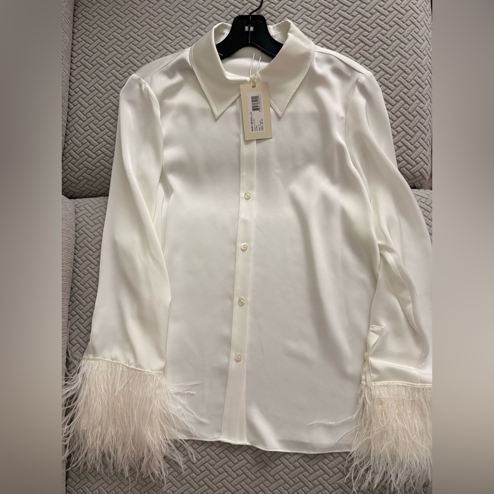 Ramy Brook Elegant Ivory Feather-Trimmed Blouse.  NWT, size M.